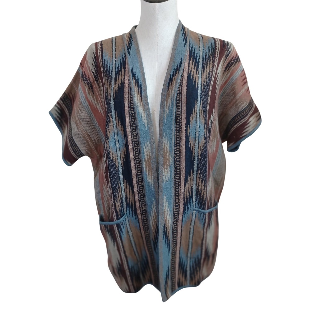Peruvian Connection Pima Cotton Southwestern Intarsia Cardigan Blue Brown M